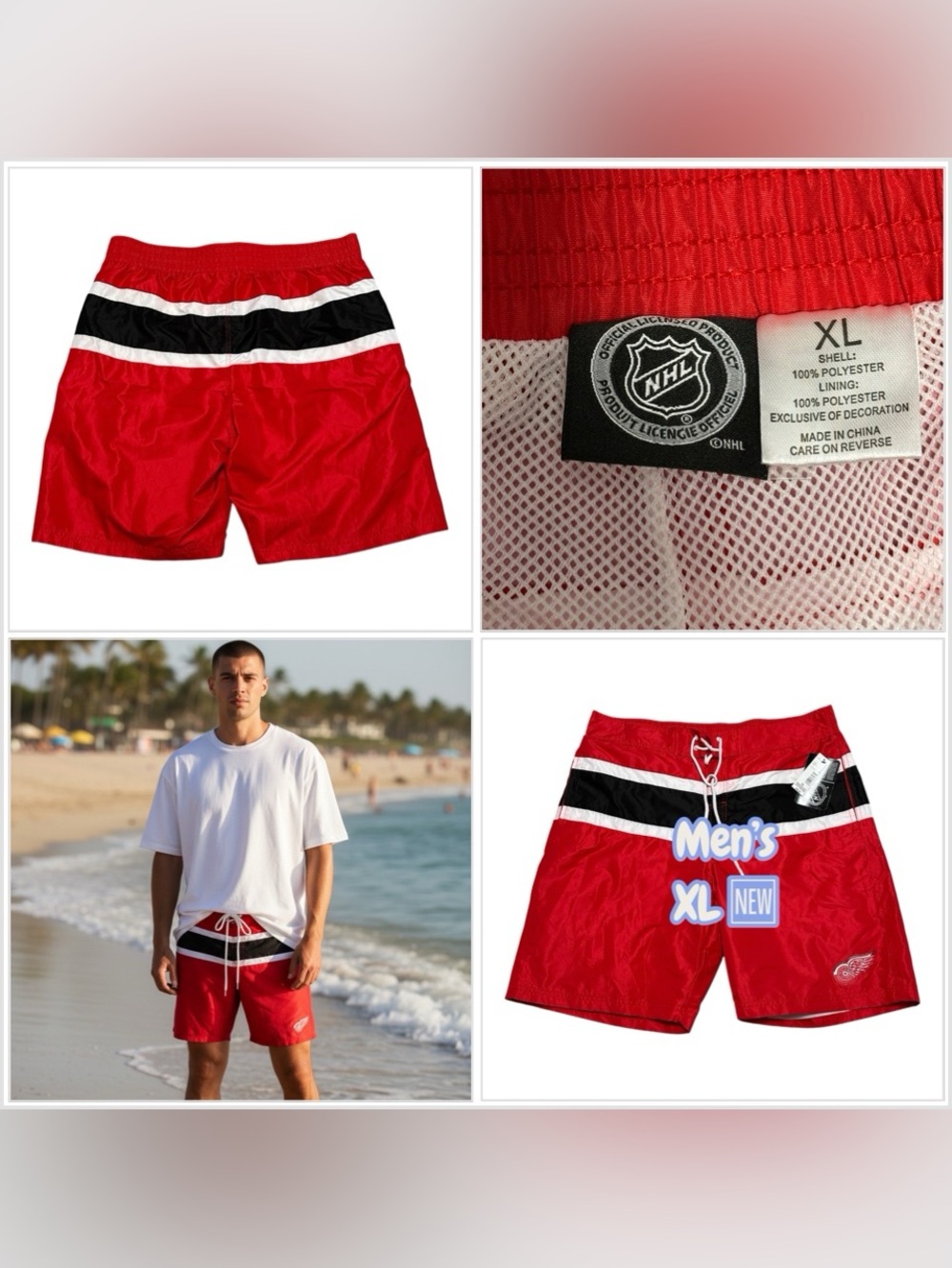 Men’s Detroit Red Wings XL Swim Trunk Shorts Mesh Lined Elastic Drawstring NWT
